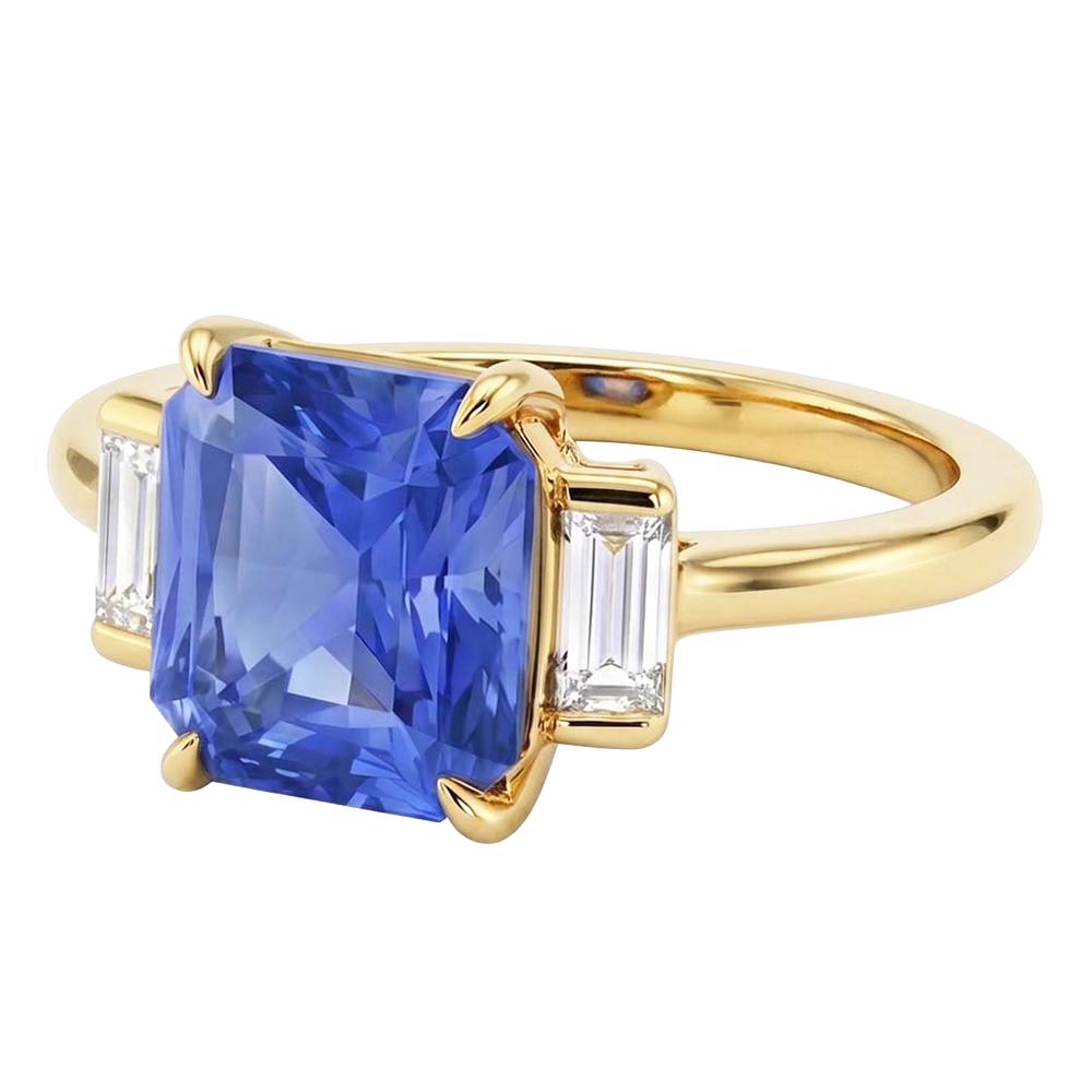 3 Stone Ring Radiant Blue Sapphire 2.50 Carats Baguette Natural Earth Mined Diamonds