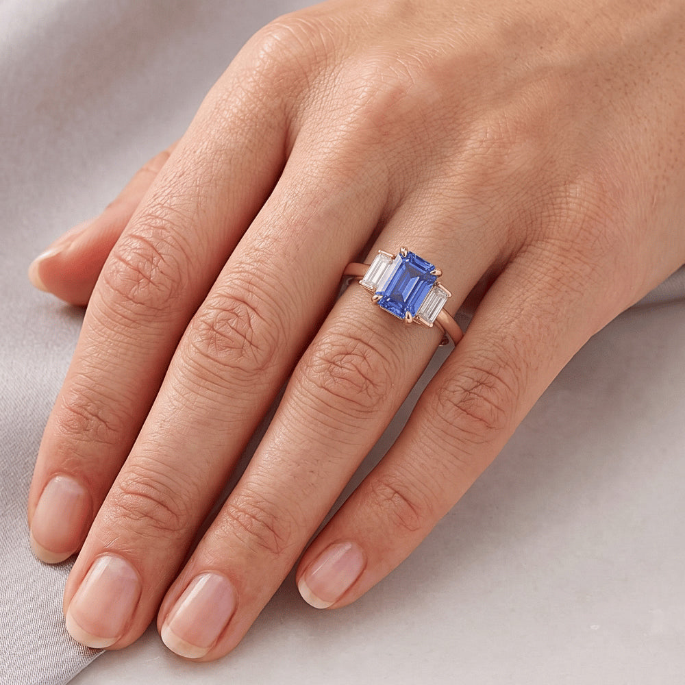 3 Stone Ring Radiant Blue Sapphire 2.50 Carats Baguette Natural Earth Mined Diamonds