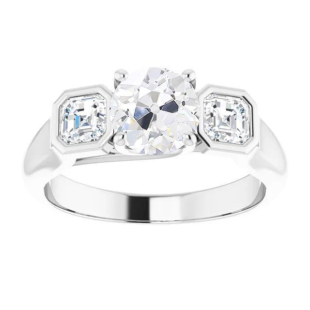 3 Stone Ring Radiant & Old Cut Genuine Diamond Prong Bezel Set 3.50 Carats