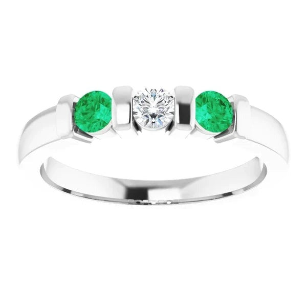 3 Stone Ring Real Round Diamond Emerald 0.90 Carats Bar Setting