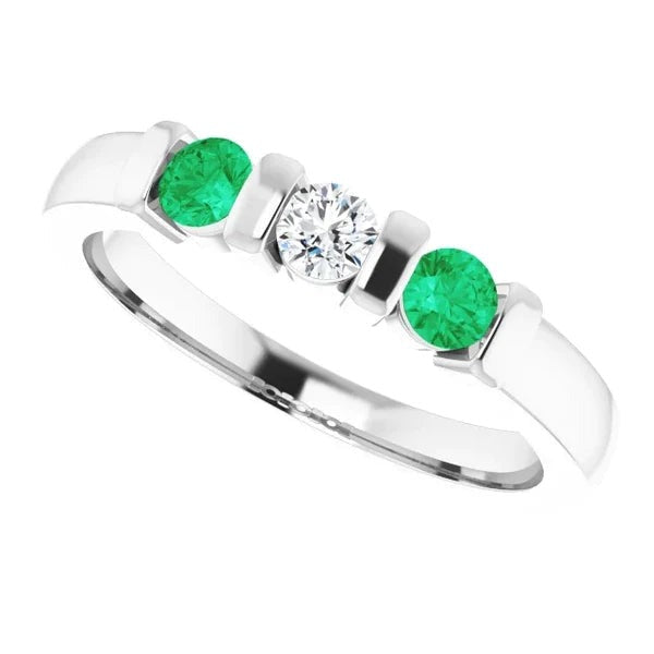 3 Stone Ring Real Round Diamond Emerald 0.90 Carats Bar Setting