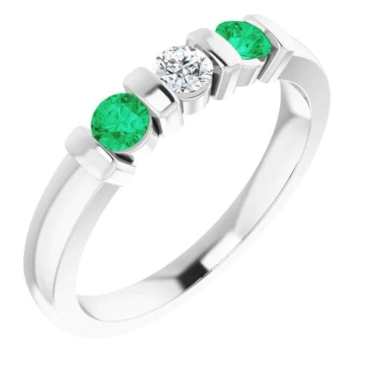 3 Stone Ring Real Round Diamond Emerald 0.90 Carats Bar Setting