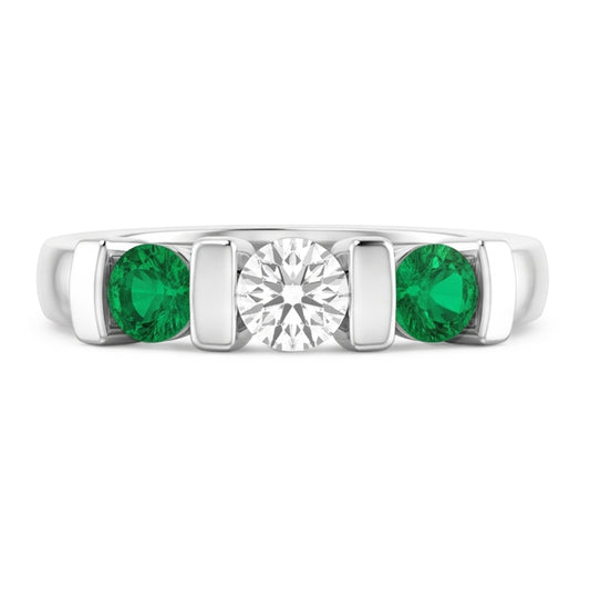 3 Stone Ring Real Round Natural Earth Mined DIAMOND ( NOT LAB GROWN ) Emerald 0.90 Carats Bar Setting