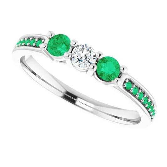 3 Stone Ring Round Diamond 1.07 Carats Columbian Emerald