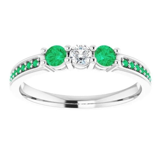 3 Stone Ring Round Diamond 1.07 Carats Columbian Emerald