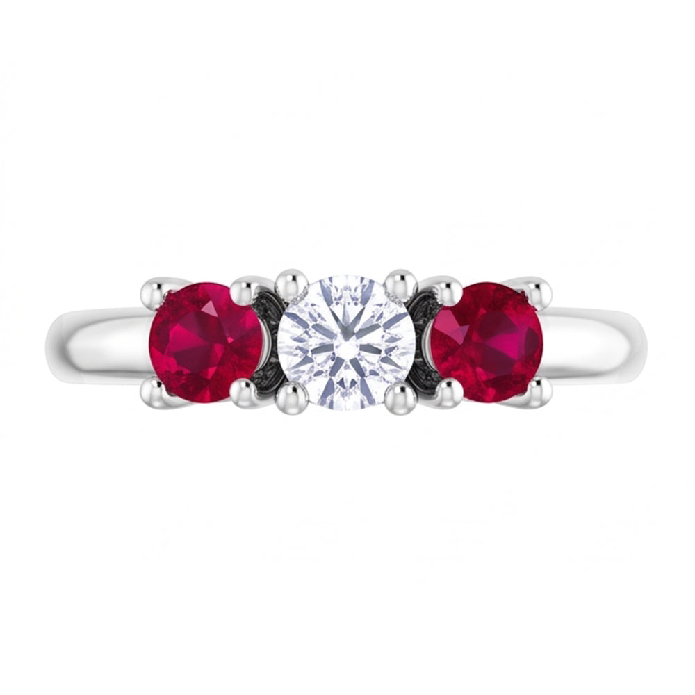 3 Stone Ring Round Natural Earth Mined Diamond Ruby 0.60 Carats White Gold 14K