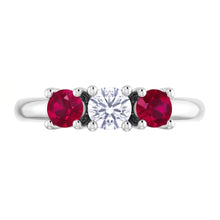 3 Stone Ring Round Natural Earth Mined Diamond Ruby 0.60 Carats White Gold 14K