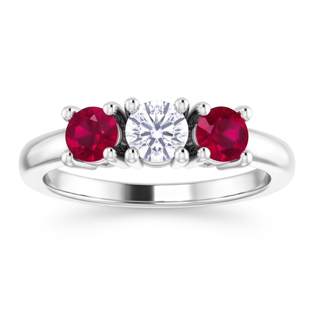 3 Stone Ring Round Natural Earth Mined Diamond Ruby 0.60 Carats White Gold 14K