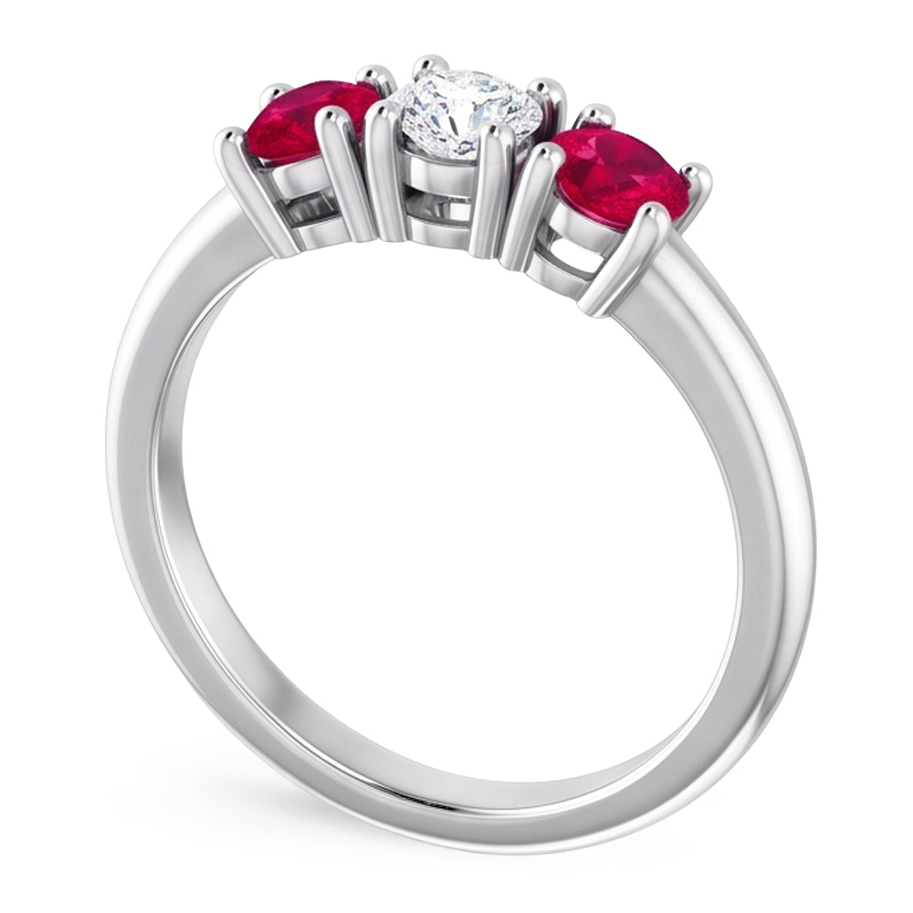 3 Stone Ring Round Natural Earth Mined Diamond Ruby 0.60 Carats White Gold 14K