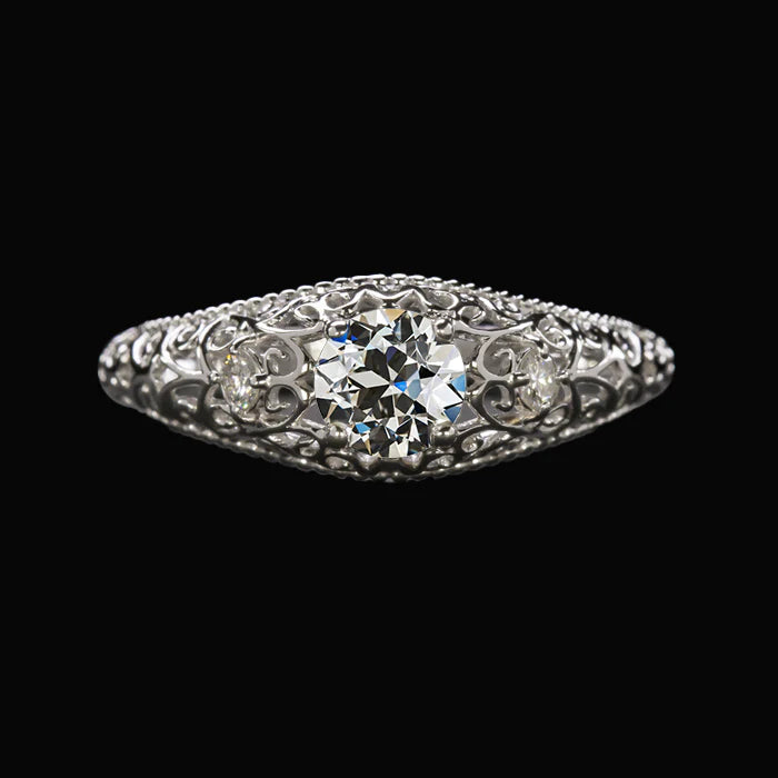 3 Stone Ring Round Old Cut Natural Diamond Filigree Antique Style 1.25 Carats