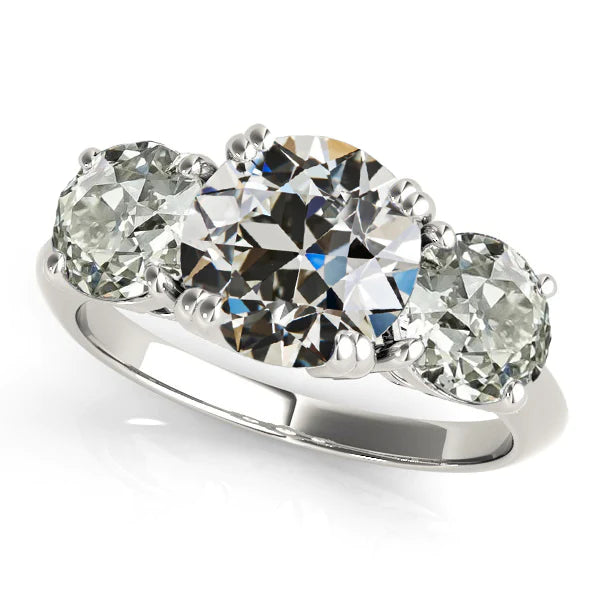 3 Stone Ring Round Old Mine Cut Real Diamond Double Prong Set 6.50 Carats