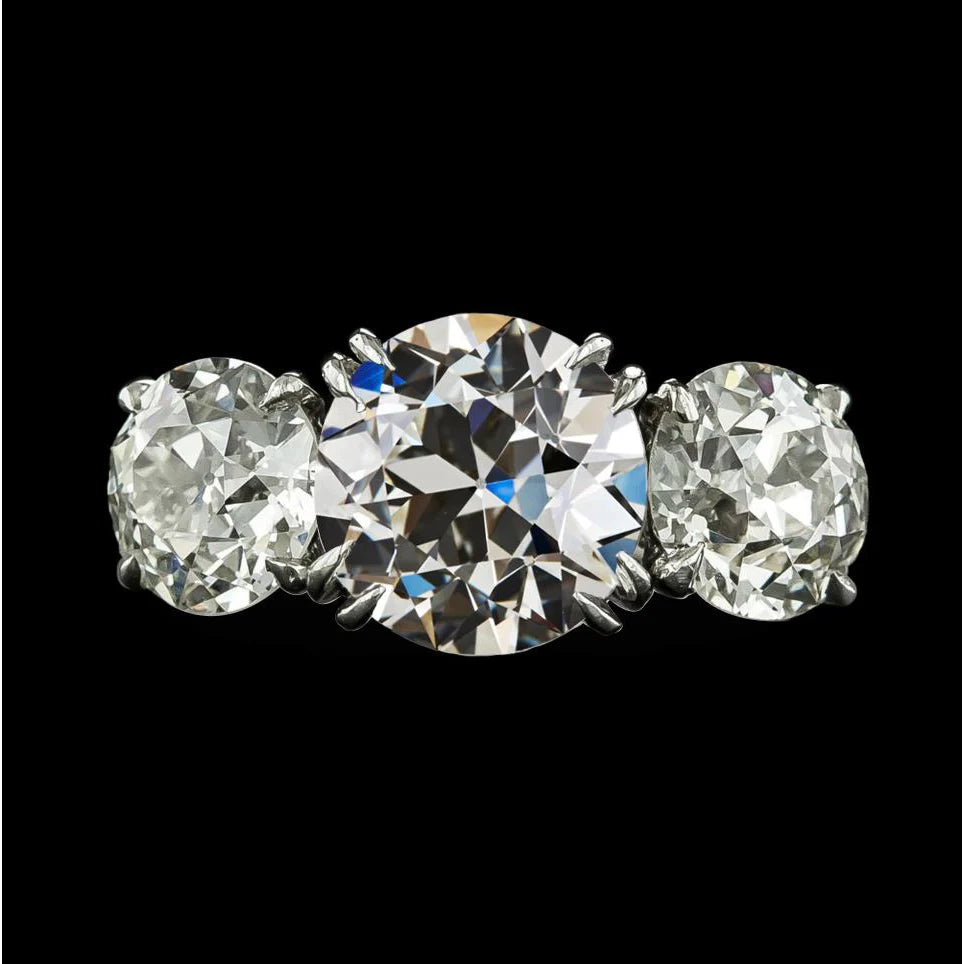 3 Stone Ring Round Old Mine Cut Real Diamond Double Prong Set 6.50 Carats