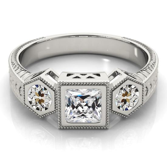 3 Stone Ring Square Cut Old Miner Genuine Diamond Antique Style 4 Carats