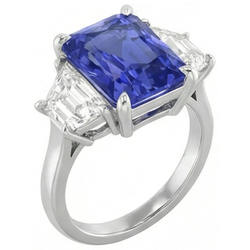 3 Stone Ring Trapezoid Natural Earth Mined Diamond & Ceylon Sapphire 3.50 Carats Prong Set