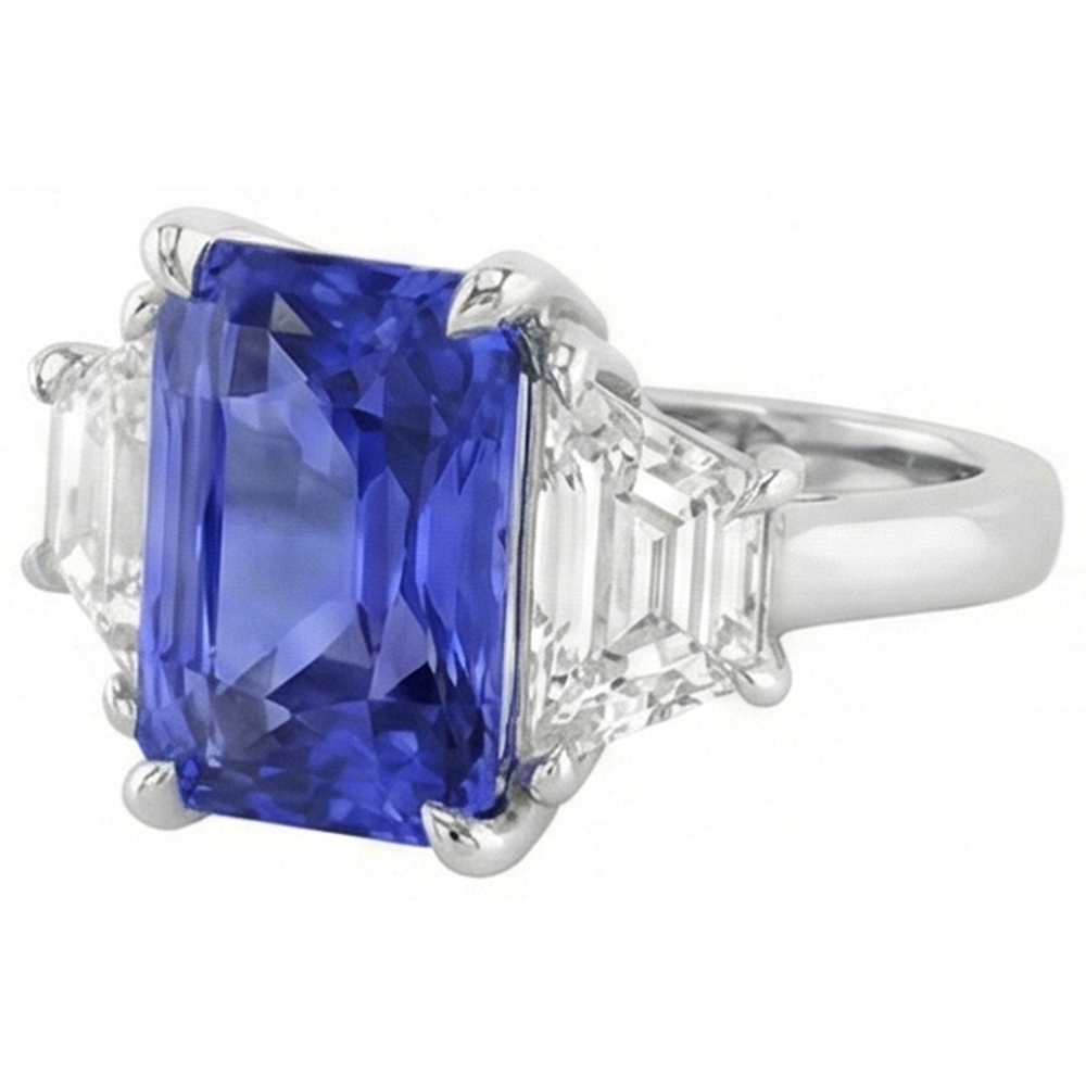 3 Stone Ring Trapezoid Natural Earth Mined Diamond & Ceylon Sapphire 3.50 Carats Prong Set