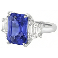 3 Stone Ring Trapezoid Natural Earth Mined Diamond & Ceylon Sapphire 3.50 Carats Prong Set