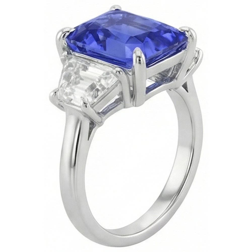 3 Stone Ring Trapezoid Natural Earth Mined Diamond & Ceylon Sapphire 3.50 Carats Prong Set