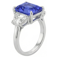 3 Stone Ring Trapezoid Natural Earth Mined Diamond & Ceylon Sapphire 3.50 Carats Prong Set