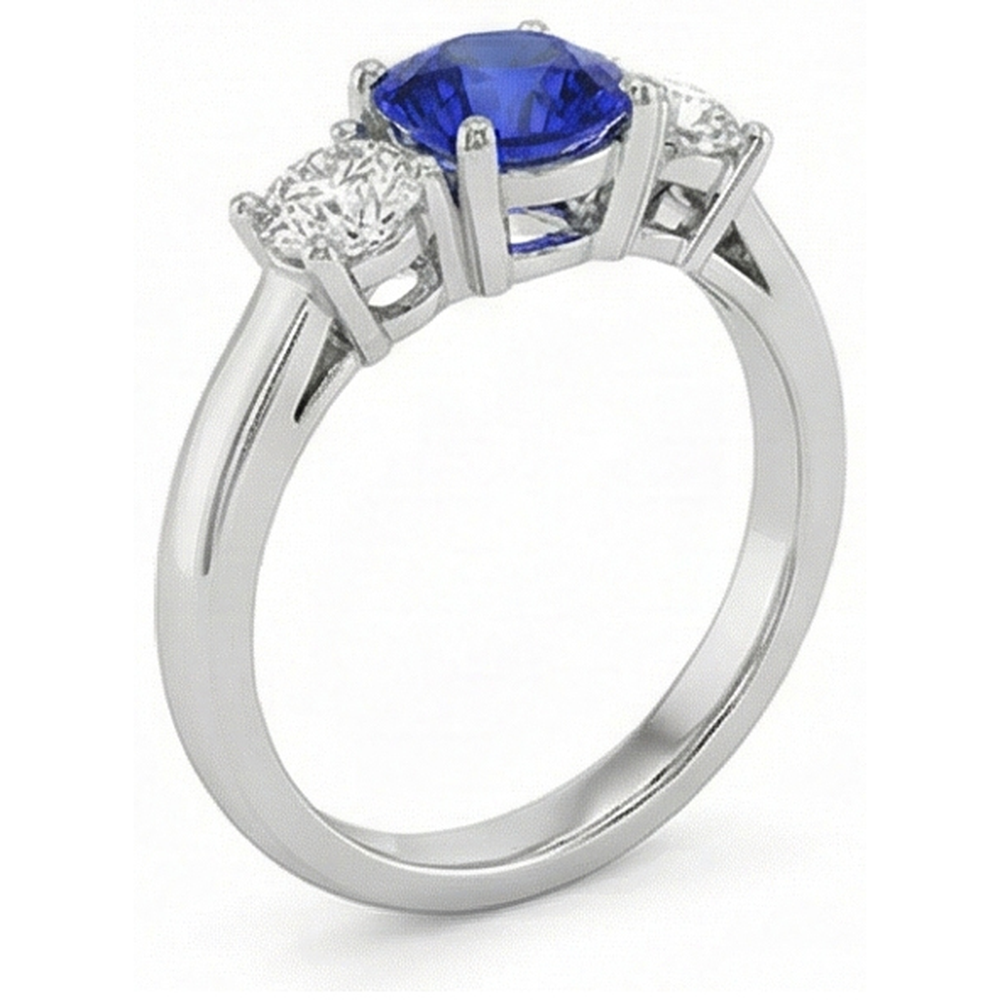 3 Stone Round Blue Sapphire Natural Earth Mined Diamond Ring 4 Carats Prong Set Gold 14K