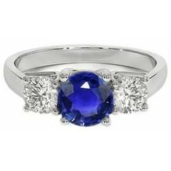 3 Stone Round Blue Sapphire Natural Earth Mined Diamond Ring 4 Carats Prong Set Gold 14K