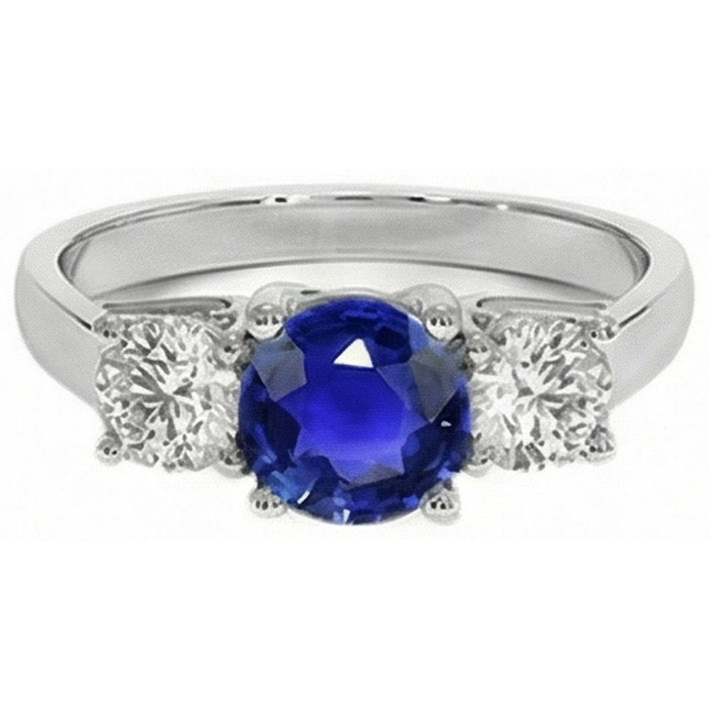 3 Stone Round Blue Sapphire Natural Earth Mined Diamond Ring 4 Carats Prong Set Gold 14K