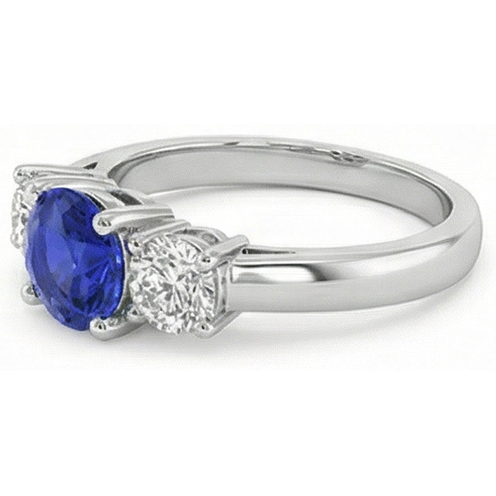 3 Stone Round Blue Sapphire Natural Earth Mined Diamond Ring 4 Carats Prong Set Gold 14K