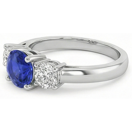 3 Stone Round Blue Sapphire Natural Earth Mined Diamond Ring 4 Carats Prong Set Gold 14K