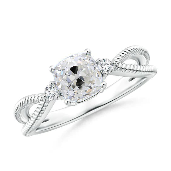 3 Stone Round & Cushion Old Cut Real Diamond Ring Twisted Shank 1.90 Carats