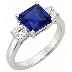 3 Stone Round Natural Earth Mined Diamond & Princess Ceylon Sapphire Ring 6 Carats Gold