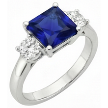 3 Stone Round Natural Earth Mined Diamond & Princess Ceylon Sapphire Ring 6 Carats Gold