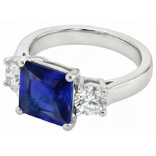 3 Stone Round Natural Earth Mined Diamond & Princess Ceylon Sapphire Ring 6 Carats Gold