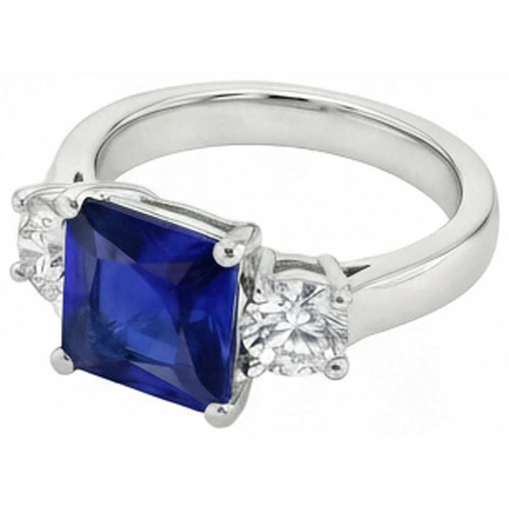 3 Stone Round Natural Earth Mined Diamond & Princess Ceylon Sapphire Ring 6 Carats Gold