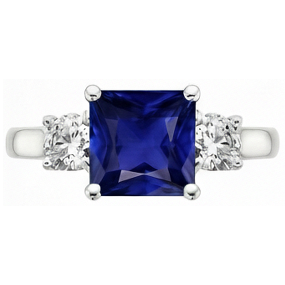 3 Stone Round Natural Earth Mined Diamond & Princess Ceylon Sapphire Ring 6 Carats Gold