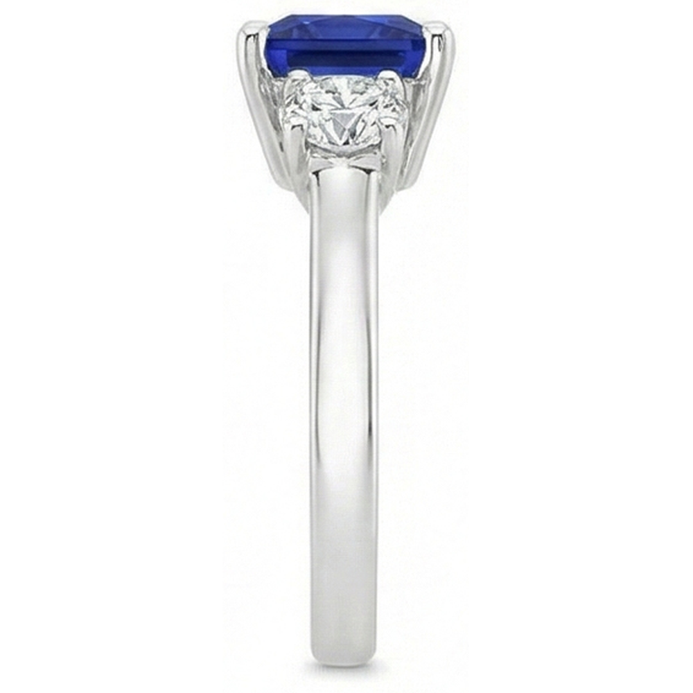 3 Stone Round Natural Earth Mined Diamond & Princess Ceylon Sapphire Ring 6 Carats Gold