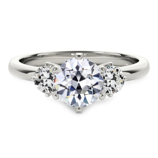 3 Stone Round Old Mine Cut Natural Diamond Ring 6 Prong Set 3.50 Carats