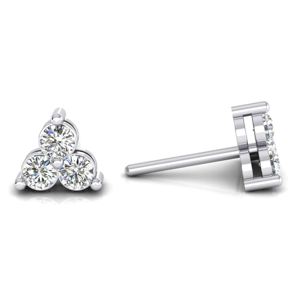 3 Stone Small Real Diamond Stud Earrings 0.85 Carats