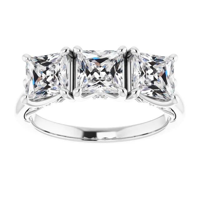 3 Stone Square Cut Genuine Old European Diamond Ring 14K Gold 9 Carats