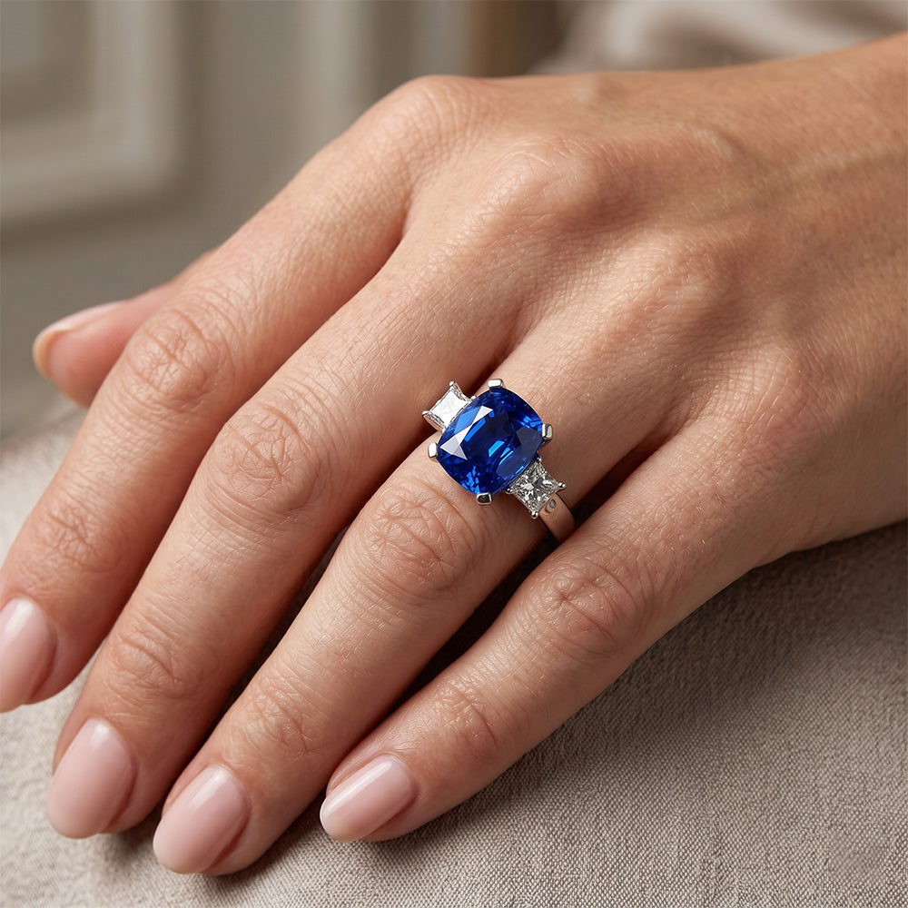 3 Stone Style Ceylon Sapphire & Natural Earth Mined DIAMOND ( NOT LAB GROWN )s 4.01 Ct. Ring White Gold 14K