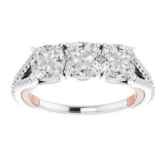 3 Stone Style Cushion Old Miner Genuine Diamond Ring Split Shank 8.75 Carats
