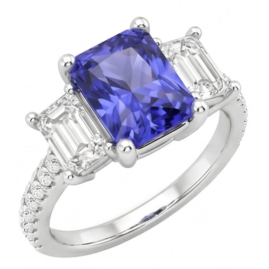 3 Stone Style Emerald Natural Earth Mined Diamond Blue Sapphire Ring Radiant Cut 4 Carats