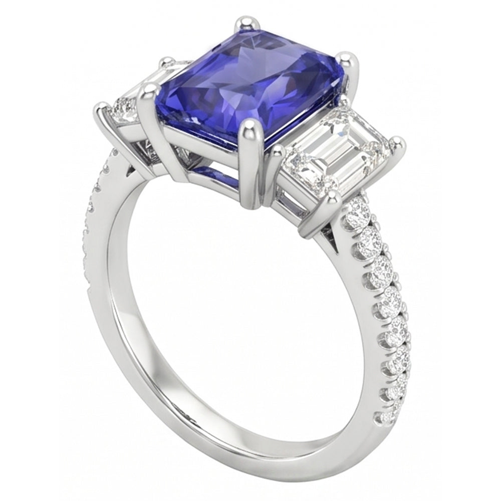 3 Stone Style Emerald Natural Earth Mined Diamond Blue Sapphire Ring Radiant Cut 4 Carats