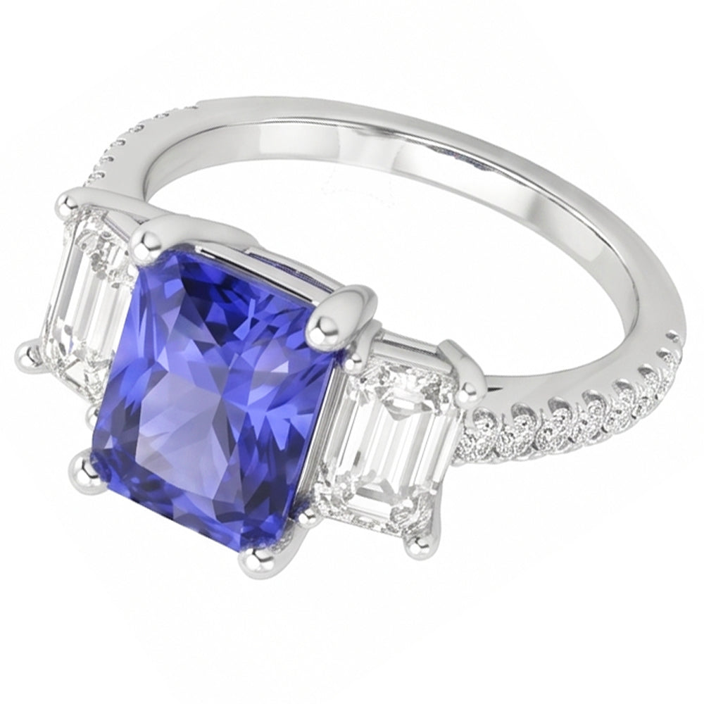 3 Stone Style Emerald Natural Earth Mined Diamond Blue Sapphire Ring Radiant Cut 4 Carats