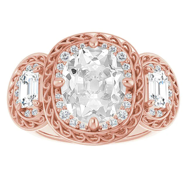 3 Stone Style Halo Oval Old Miner Real Diamond Ring Prong Set 11.50 Carats