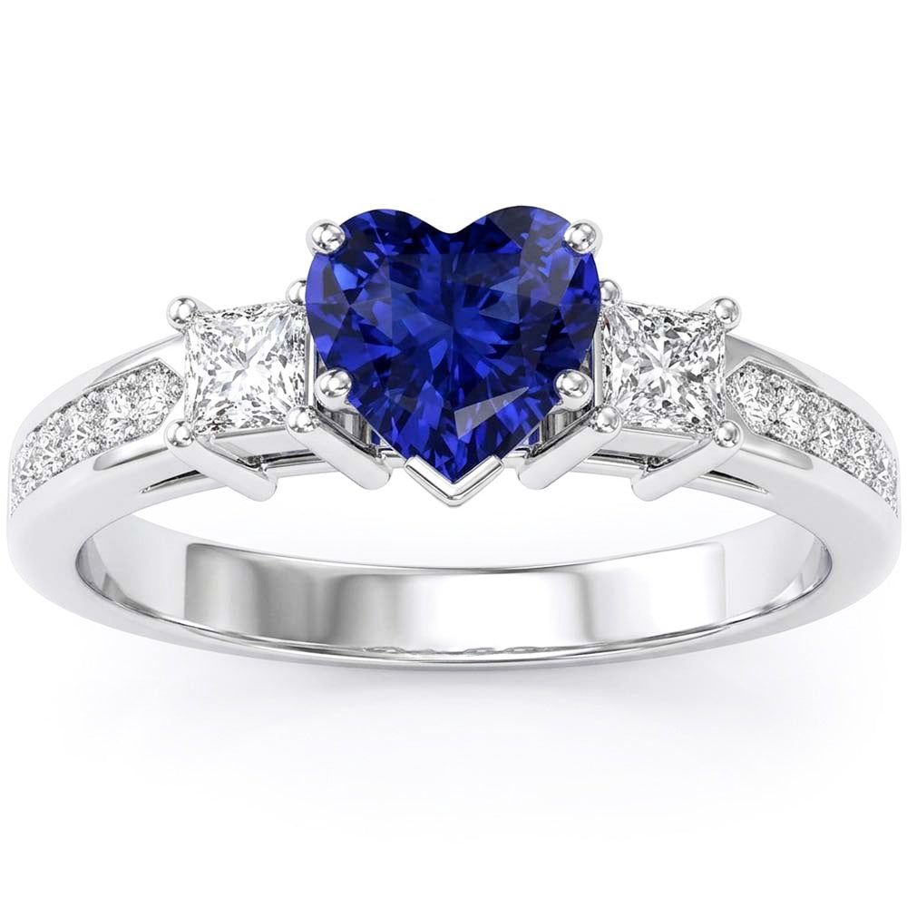 3 Stone Style Heart Sapphire Ring Princess & Round Natural Earth Mined Diamonds 3 Carats