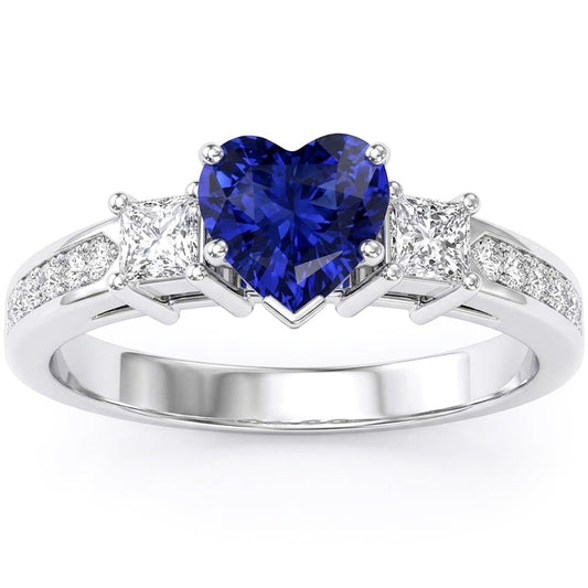 3 Stone Style Heart Sapphire Ring Princess & Round Natural Earth Mined Diamonds 3 Carats