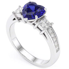 3 Stone Style Heart Sapphire Ring Princess & Round Natural Earth Mined Diamonds 3 Carats