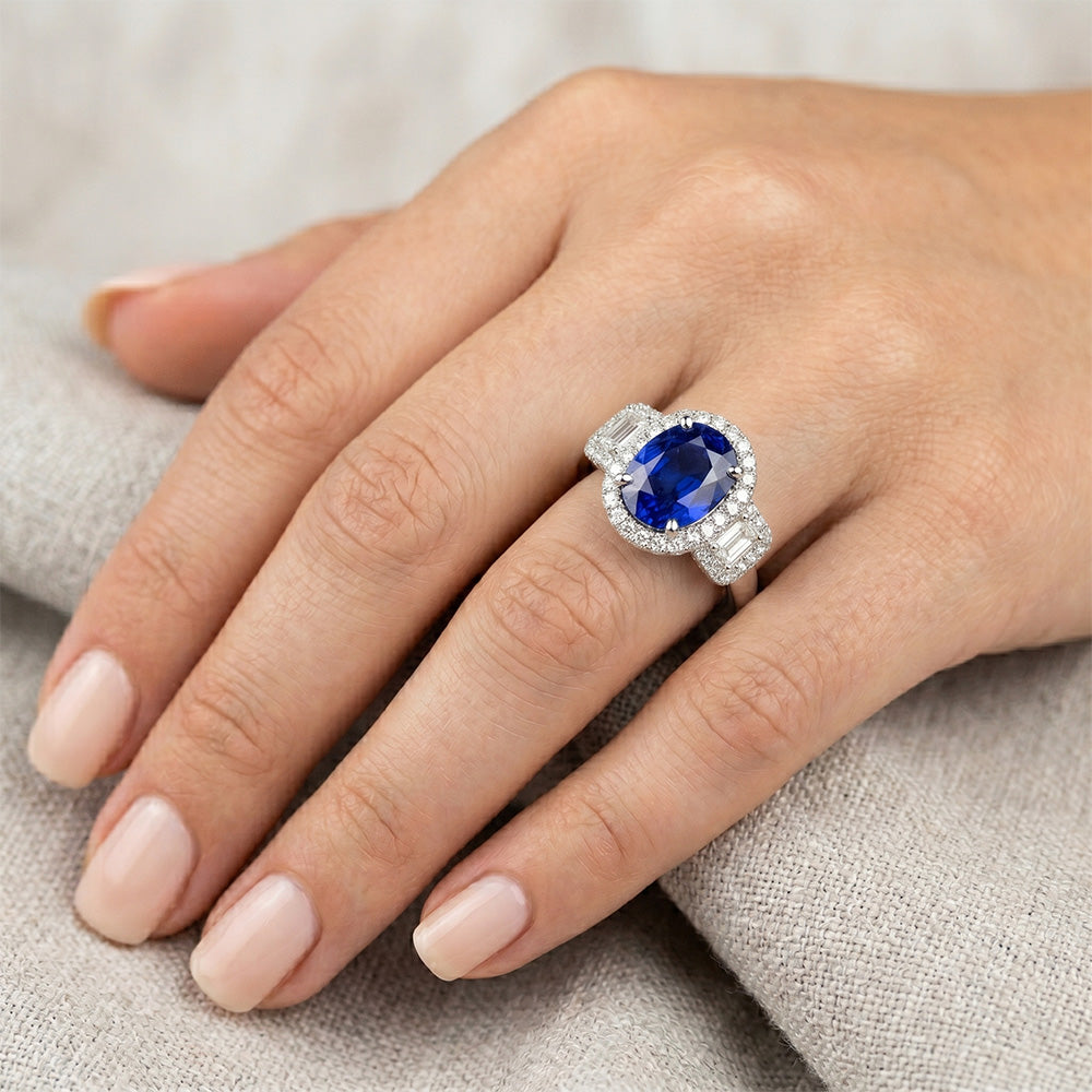 3 Stone Style Natural Earth Mined Diamond And Sapphire Ring
