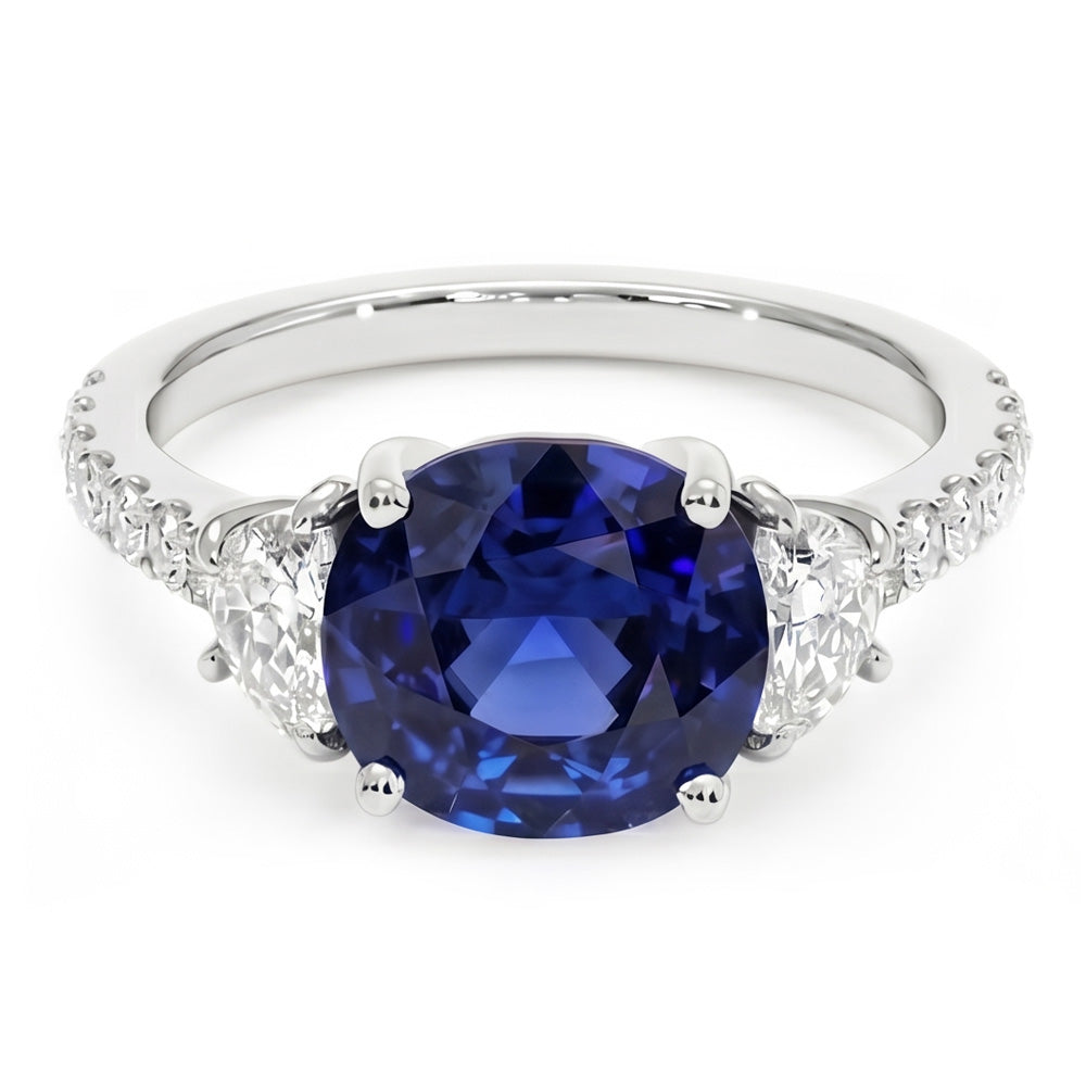 3 Stone Style Oval Ceylon Sapphire & Half Moon Natural Earth Mined Diamonds Ring 11 Carats