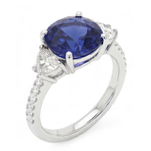 3 Stone Style Oval Ceylon Sapphire & Half Moon Natural Earth Mined Diamonds Ring 11 Carats