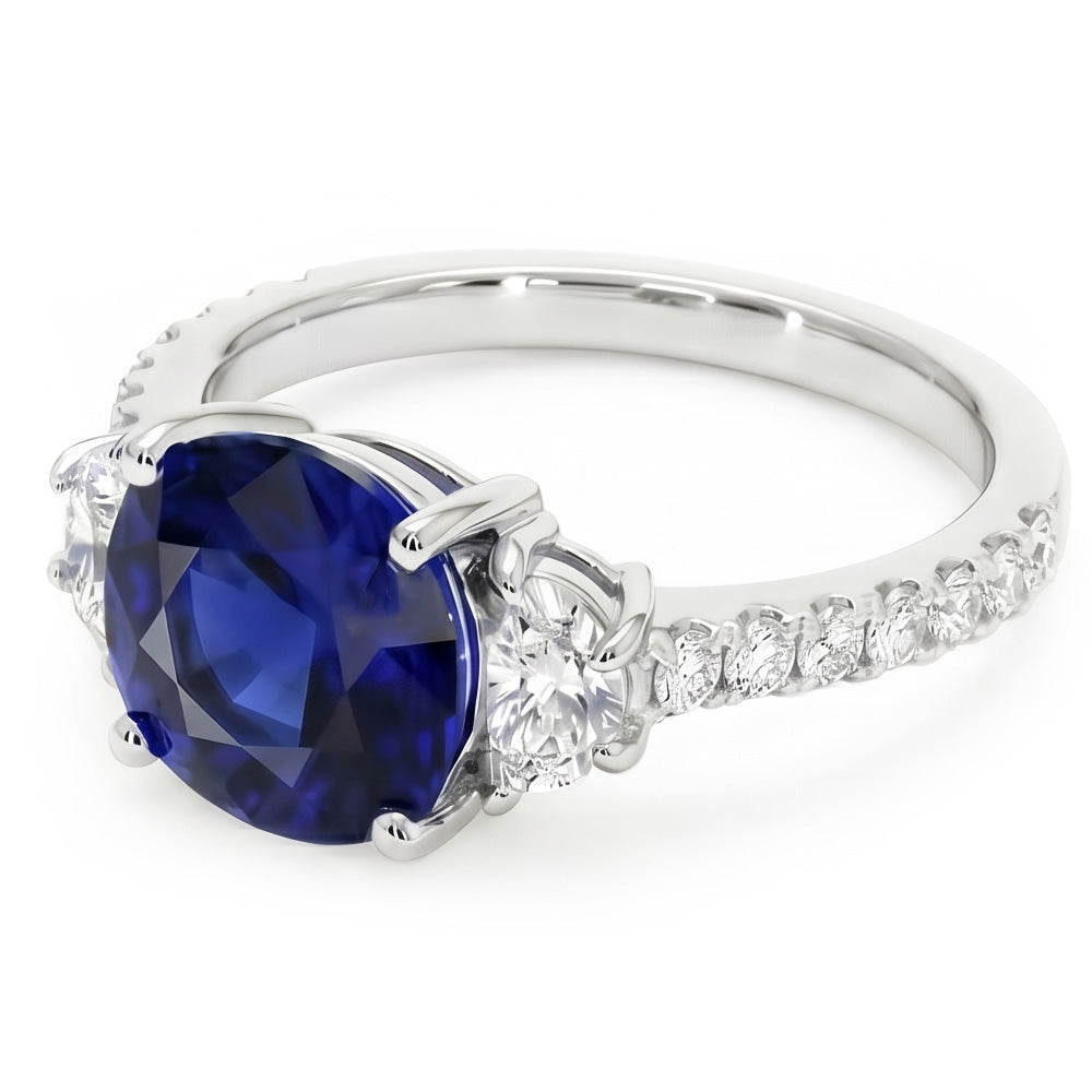 3 Stone Style Oval Ceylon Sapphire & Half Moon Natural Earth Mined Diamonds Ring 11 Carats